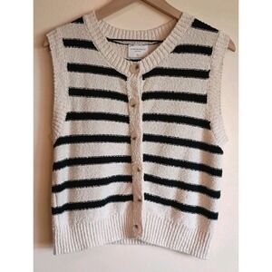 Soho & Stella Cream Black Striped Sweater Vest XL Button Front Textured Knit